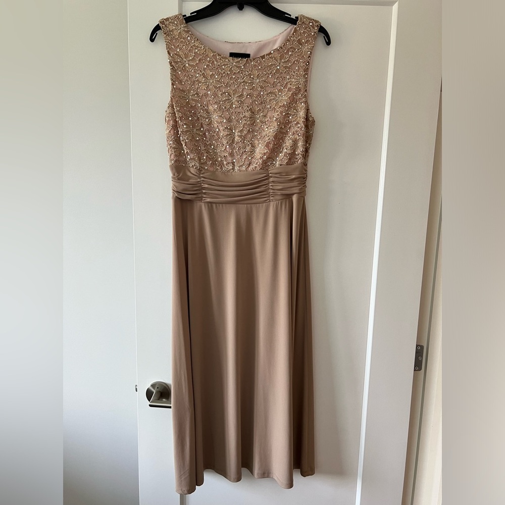 Connected Apparel Tan Maxi Dress with Embellished Bodice